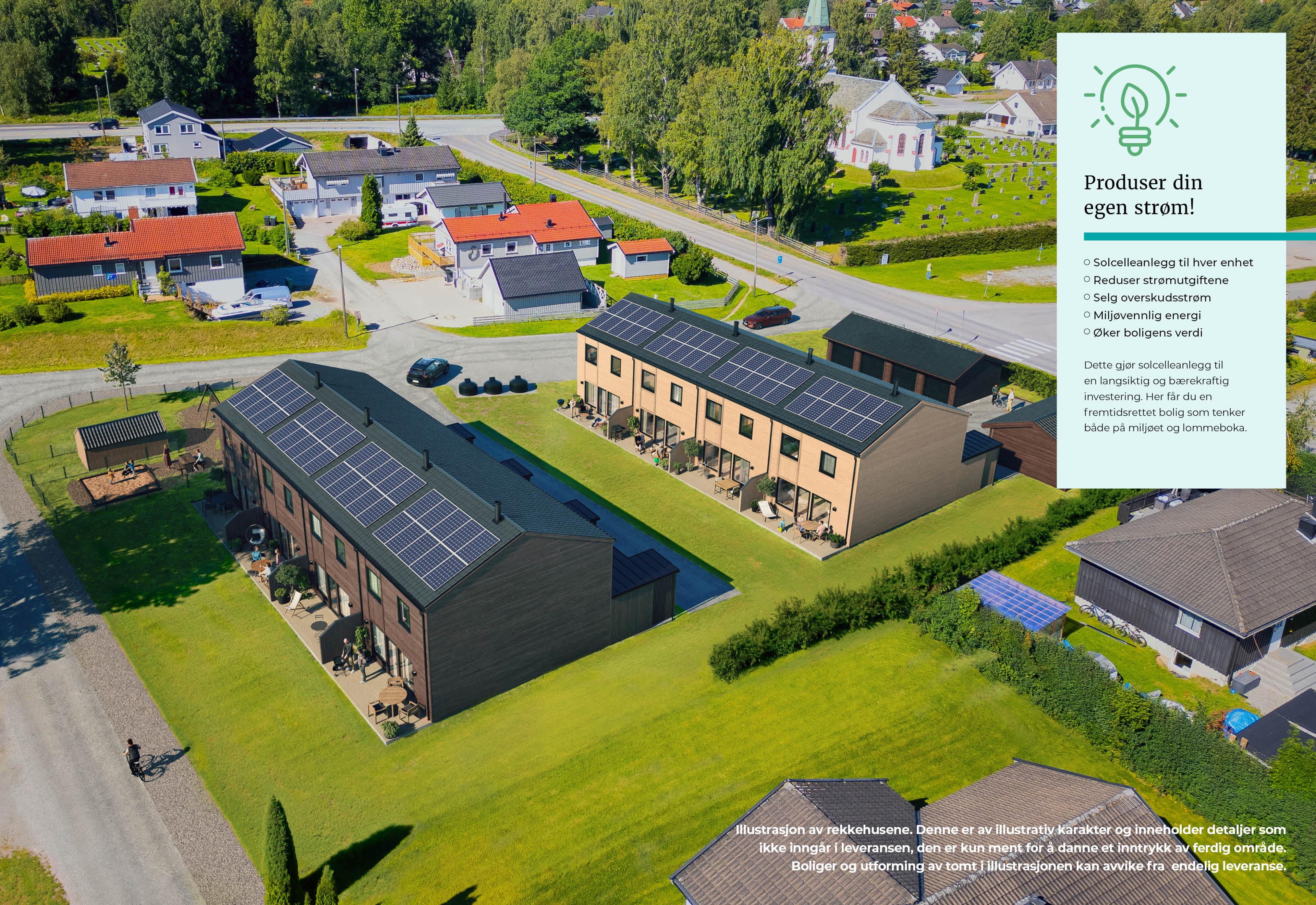 Illustrasjon av 8 rekkehus med solcelleanlegg i Kjerkevegen på Råholt