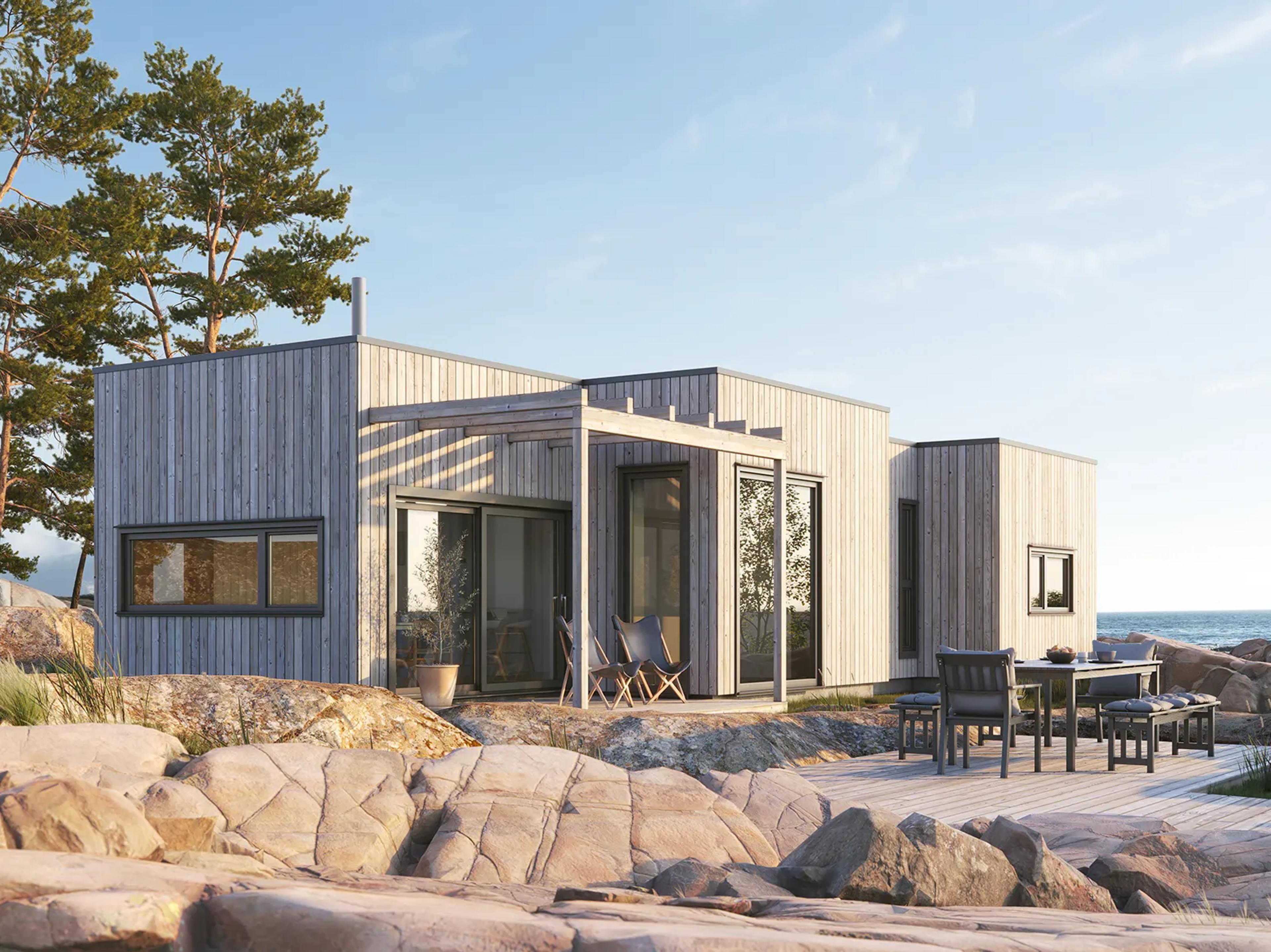 Systemhus hytte Viste moderne sjøhytte eksteriør