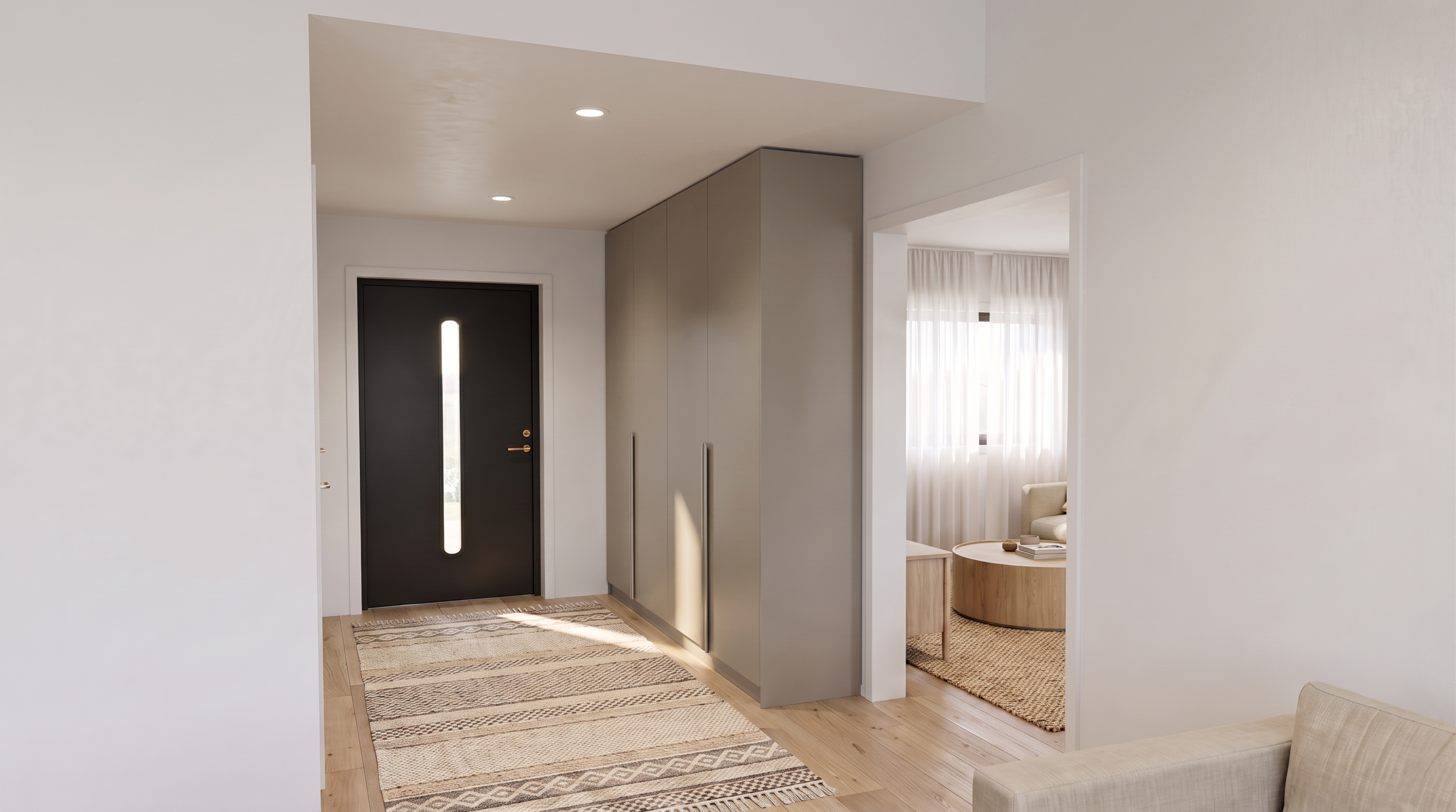 Lys og moderne entré med svart ytterdør, stor innebygd garderobe, lyst tregulv og åpen forbindelse til TV-stuen.