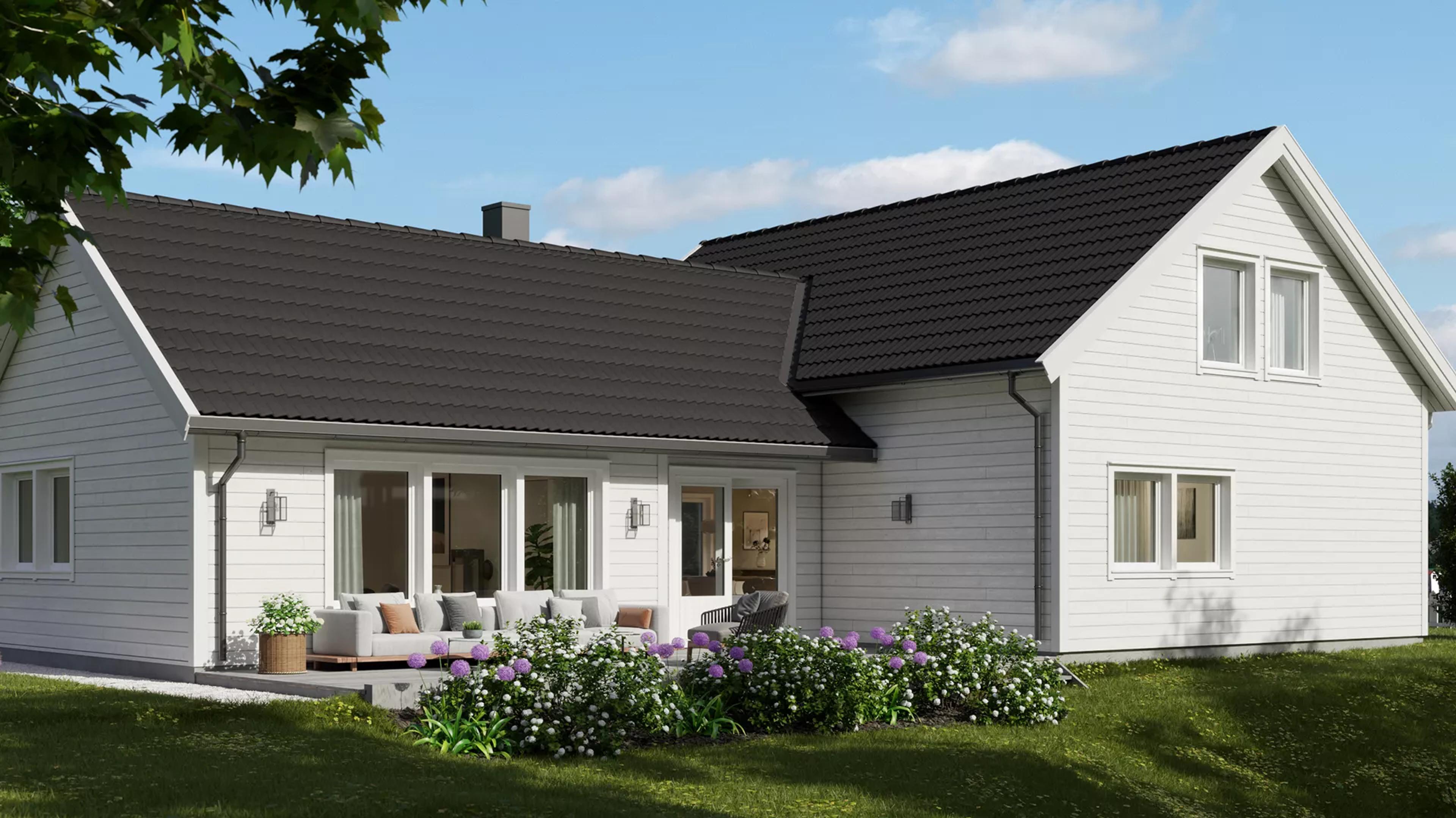 Bjørkeng et tradisjonelt hus fra Systemhus forside med hage