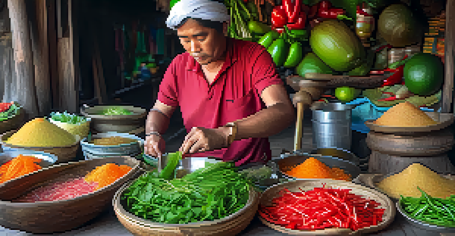 A close-up of a vendor making Som Tum, a spicy green papaya salad, featuring colorful ingredients like green papaya and red chilies at a street stall.