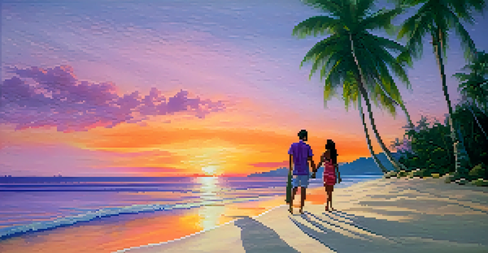 A couple walking hand-in-hand on a beach during sunset, with colorful skies and palm trees in the background.