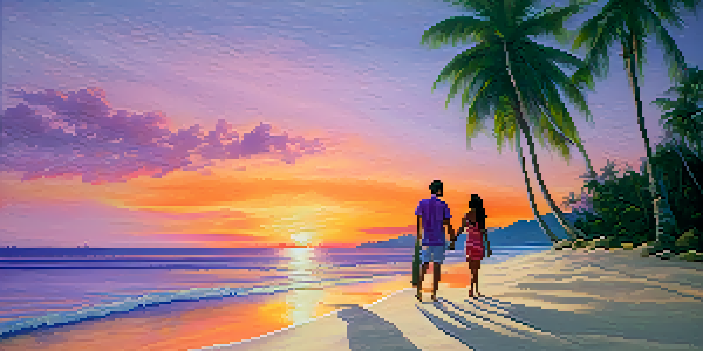 A couple walking hand-in-hand on a beach during sunset, with colorful skies and palm trees in the background.