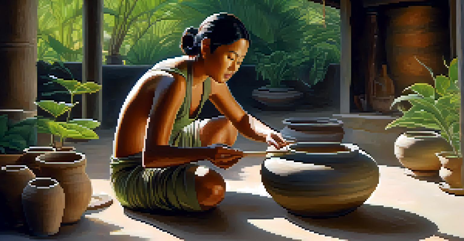 A potter outdoors using coiling techniques to create a ceramic pot, surrounded by greenery and sunlight.