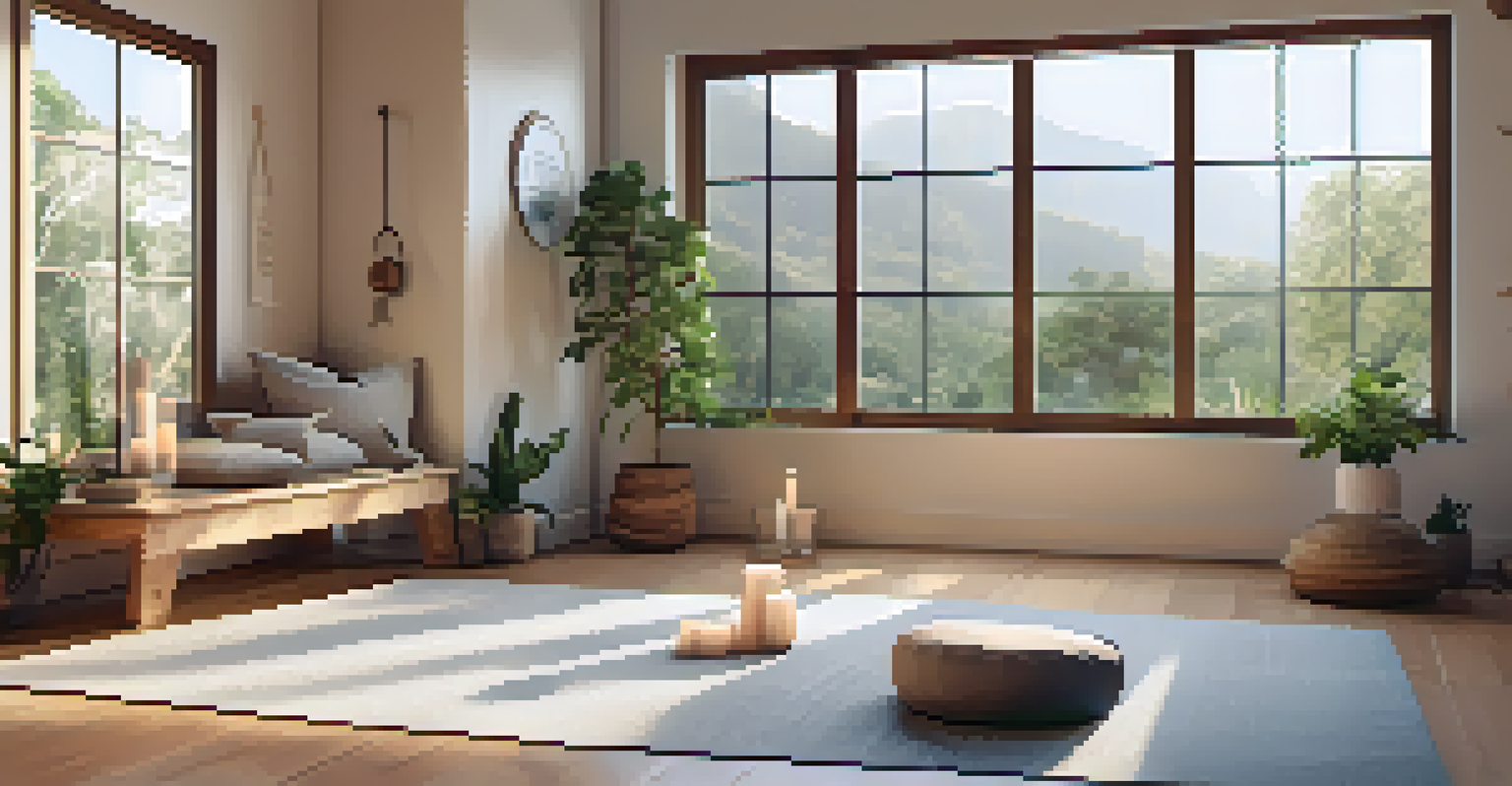 A cozy corner in a home setup for a DIY wellness retreat, featuring a yoga mat, meditation cushion, and soft lighting with plants.