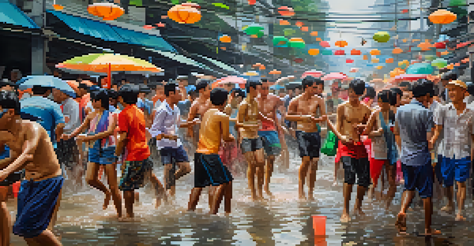 People enjoying the Songkran Festival in Bangkok, splashing water and celebrating in colorful attire.