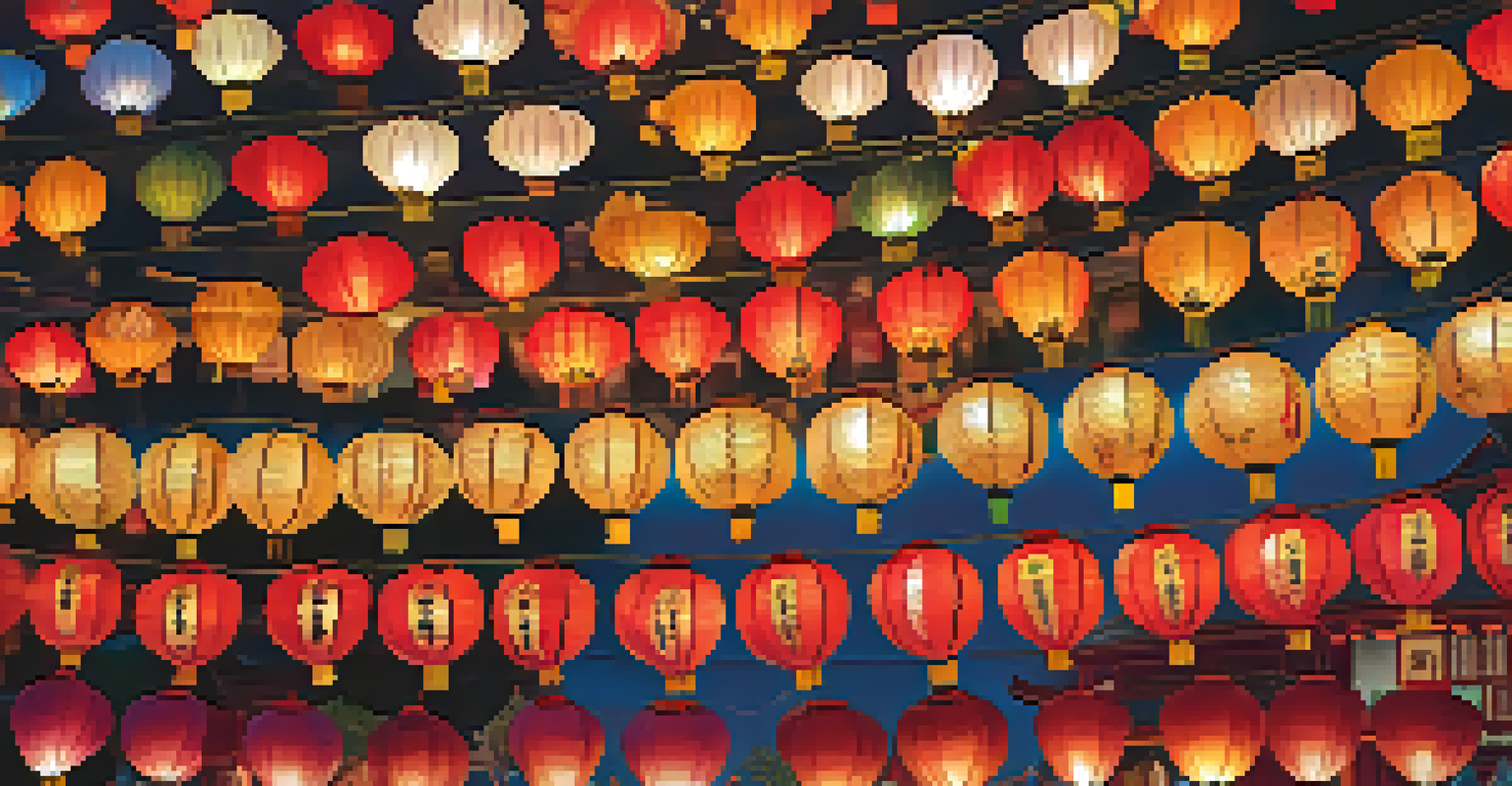 Close-up of beautiful paper lanterns with intricate designs, showcasing vibrant colors and craftsmanship for the Yi Peng Festival.