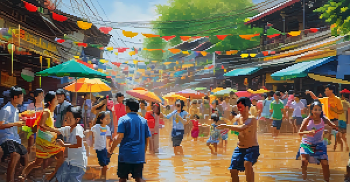 Families participating in the Thai Songkran festival, engaging in water fights with colorful water guns in front of traditional Thai architecture.