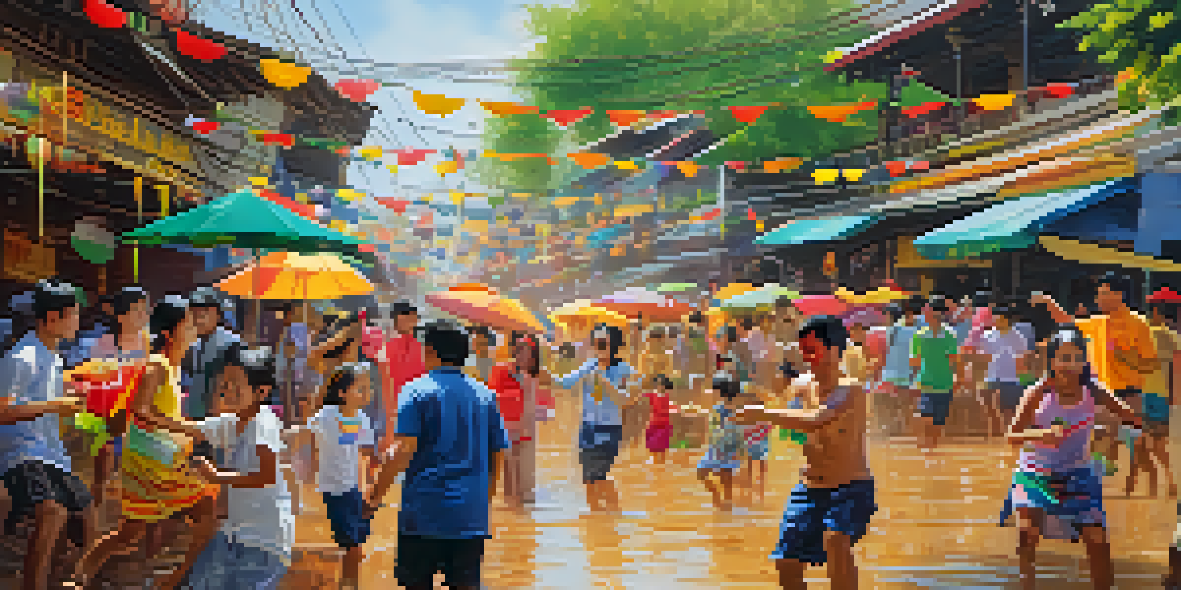 Families participating in the Thai Songkran festival, engaging in water fights with colorful water guns in front of traditional Thai architecture.