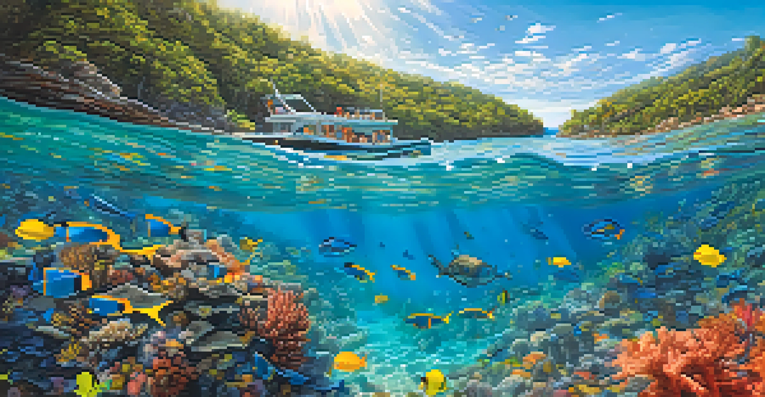 Families snorkeling together in crystal-clear waters, surrounded by colorful fish and coral reefs.