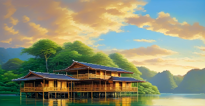 A floating hotel surrounded by mountains and lush greenery, with wooden villas over a calm river at sunset.