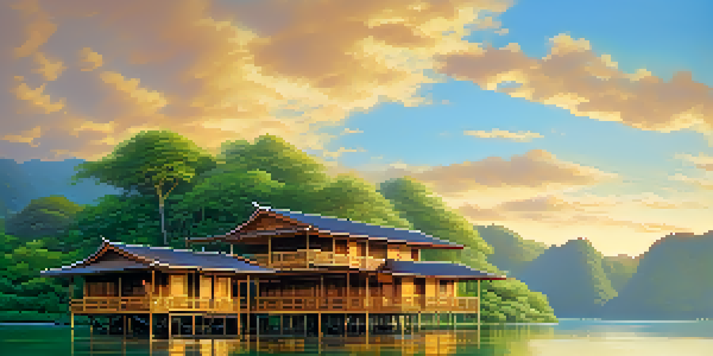 A floating hotel surrounded by mountains and lush greenery, with wooden villas over a calm river at sunset.