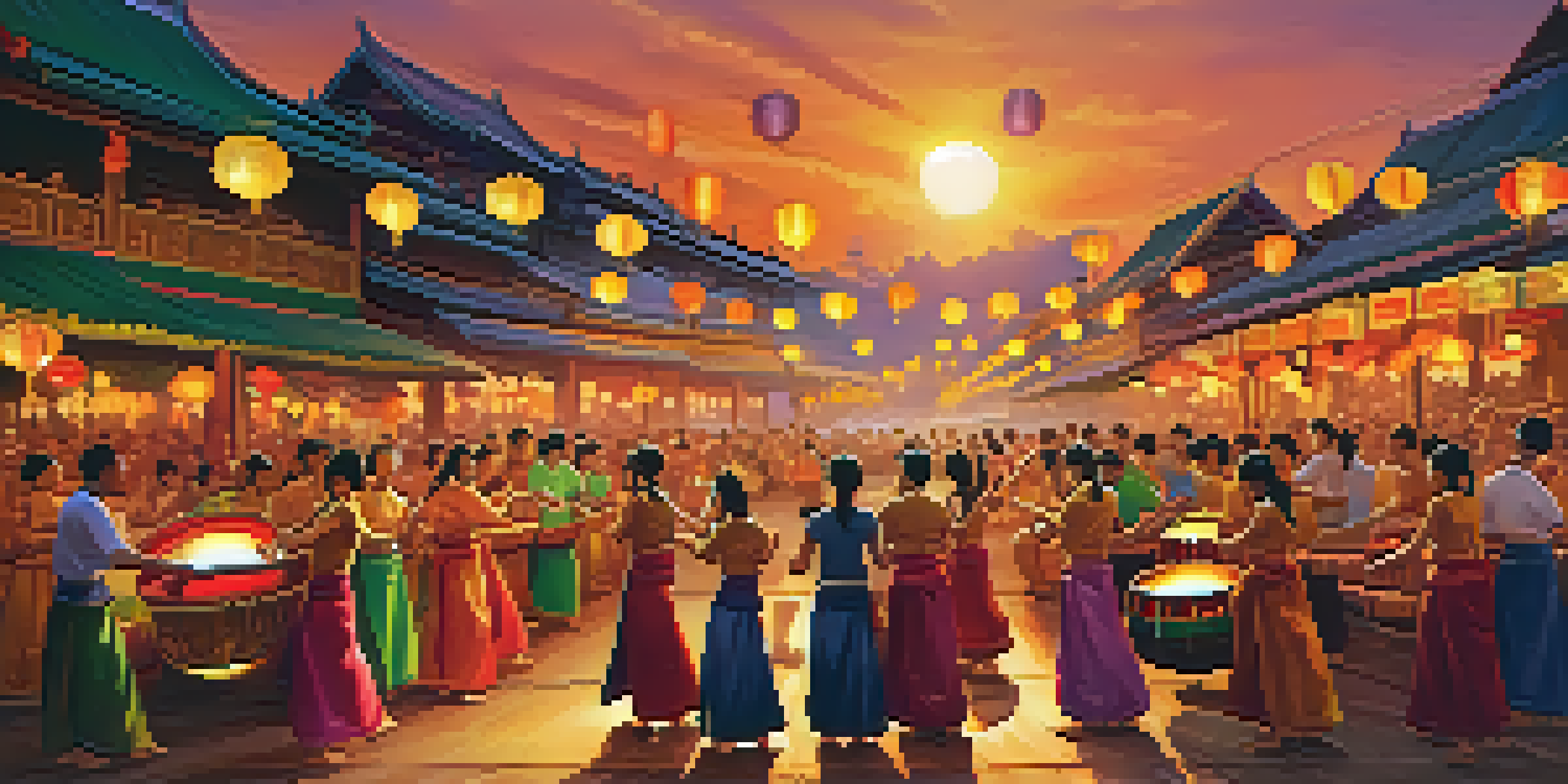 A lively traditional Thai music festival with musicians playing instruments and a crowd in traditional attire, surrounded by colorful lanterns and a warm sunset.