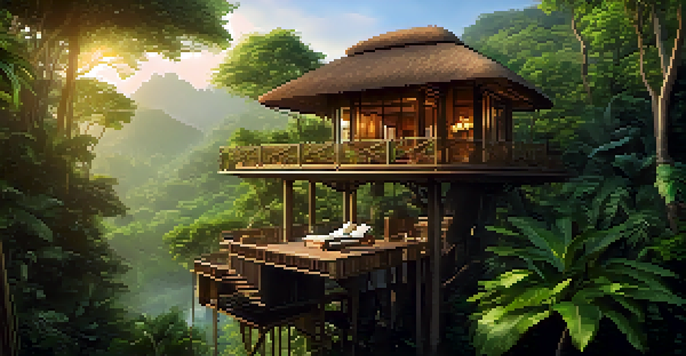 A luxury treehouse resort surrounded by lush greenery, with a private balcony and infinity pool, bathed in soft golden sunlight.