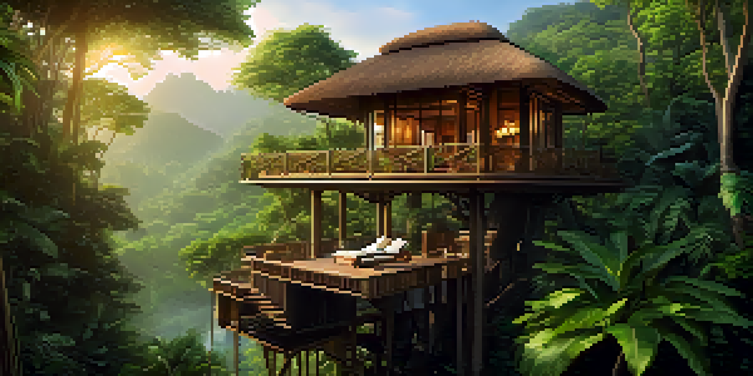 A luxury treehouse resort surrounded by lush greenery, with a private balcony and infinity pool, bathed in soft golden sunlight.