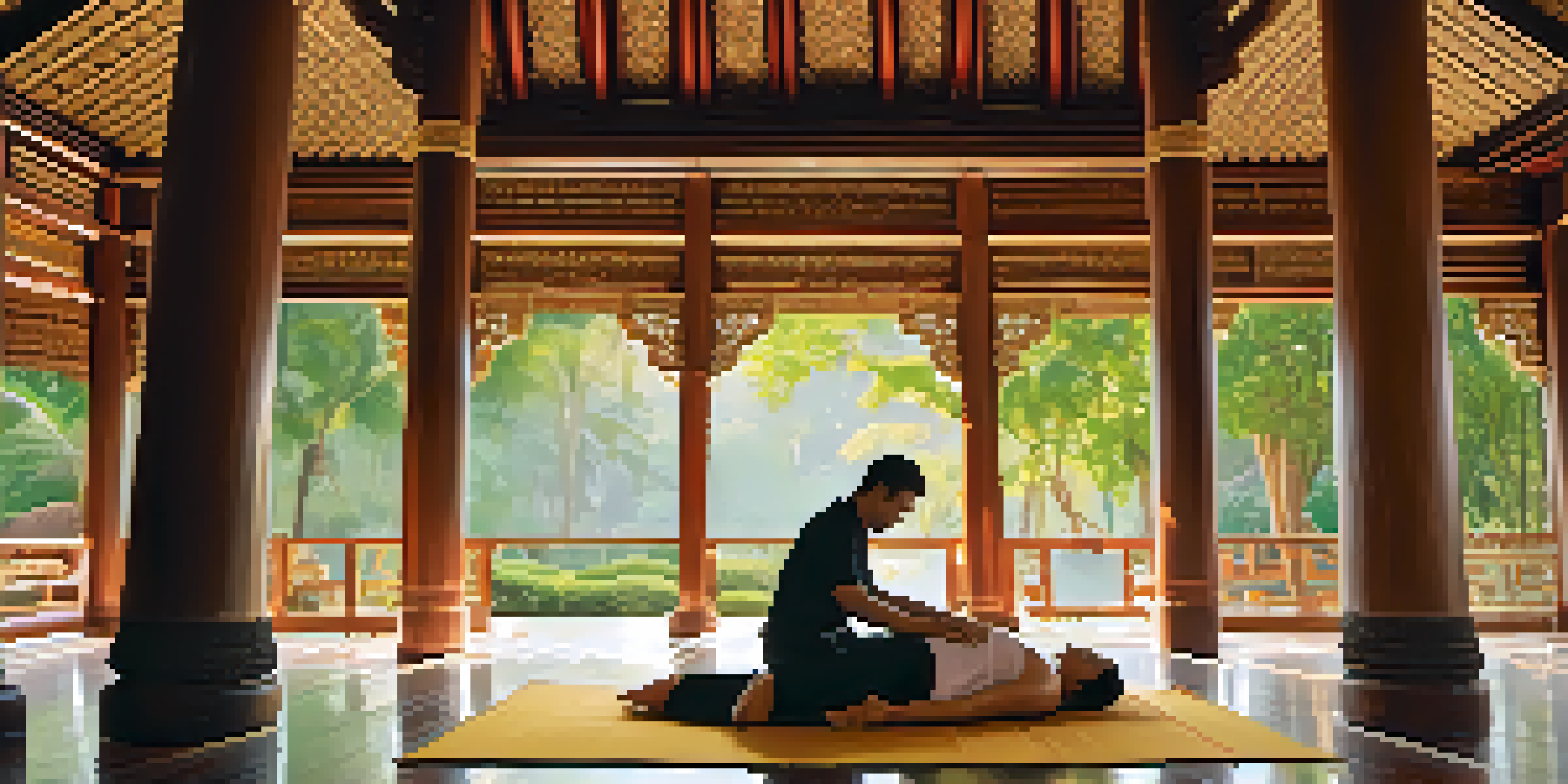 A traditional Thai massage taking place in a serene temple setting, with a practitioner stretching a client on a mat surrounded by lush greenery.