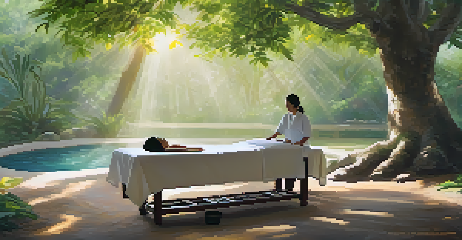 An outdoor Thai massage setup under a tree, with a practitioner guiding a client in a breathing exercise, surrounded by natural light.