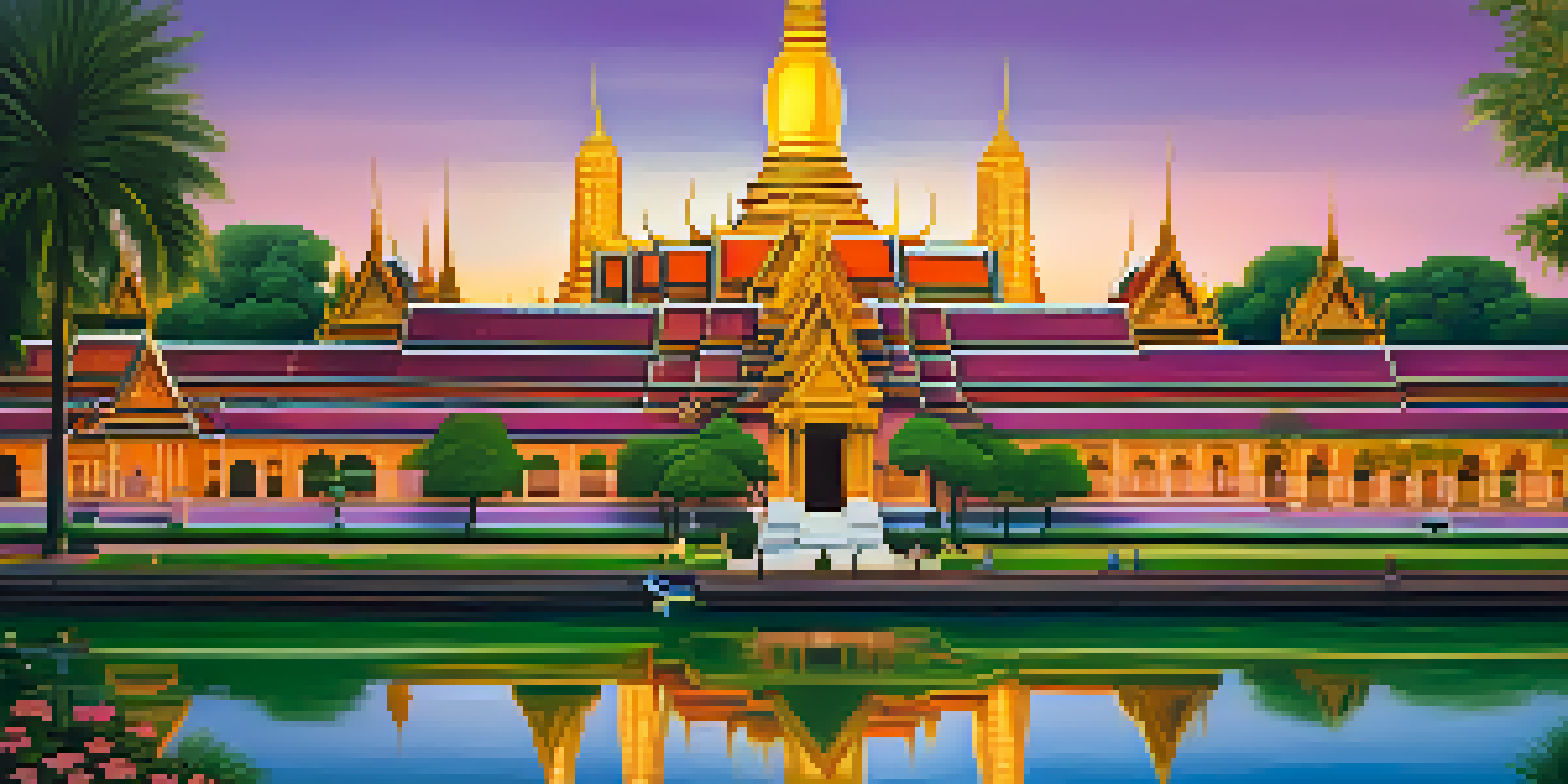 A sunset view of the Grand Palace in Bangkok with golden spires and colorful sky, surrounded by green gardens.
