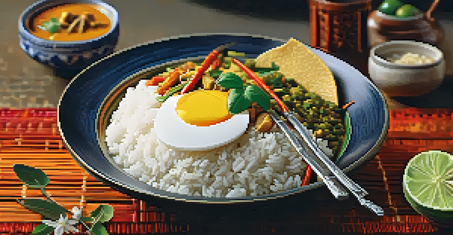 A close-up of a fork and spoon next to a bowl of Thai curry and jasmine rice, with warm lighting enhancing the inviting atmosphere.