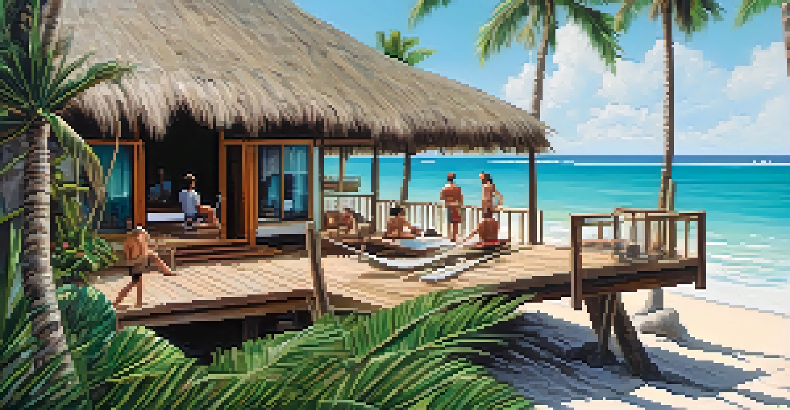 A cozy eco-friendly resort in Tulum with yoga on a deck overlooking the turquoise sea and lush greenery.