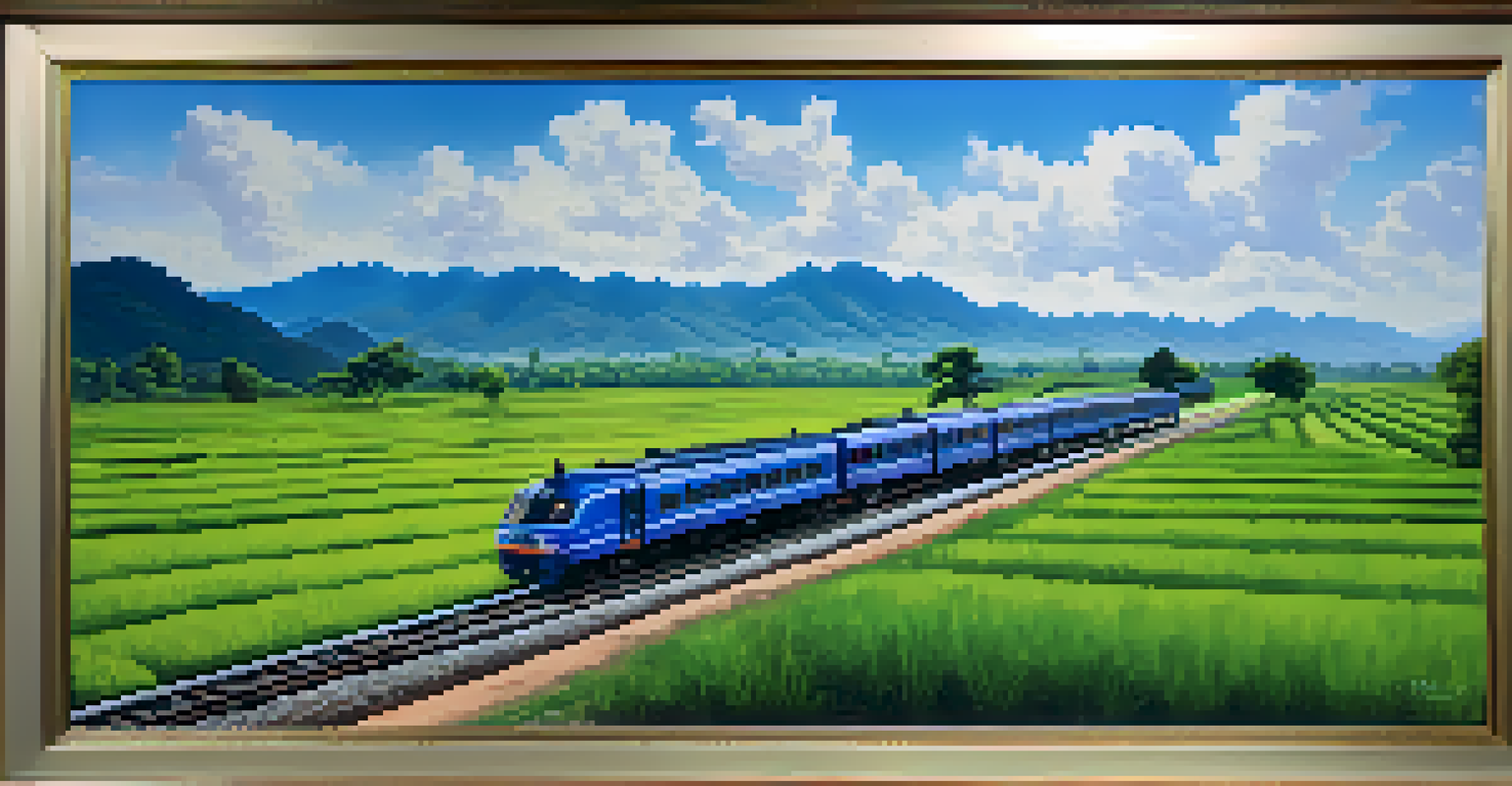 A train traveling through rolling hills and fields in Northern Thailand, with traditional Thai houses and a clear blue sky.