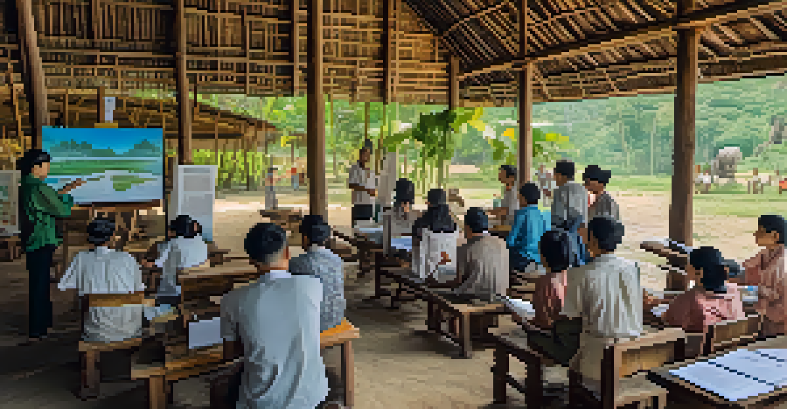 Locals in a Thai village attending an educational workshop on sustainable practices, surrounded by colorful posters and engaged in learning.