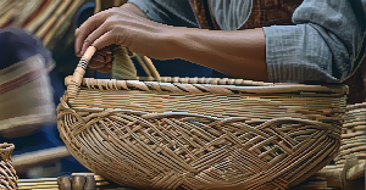 A close-up of an artisan weaving a basket at a craft fair, highlighting the skill and materials involved.