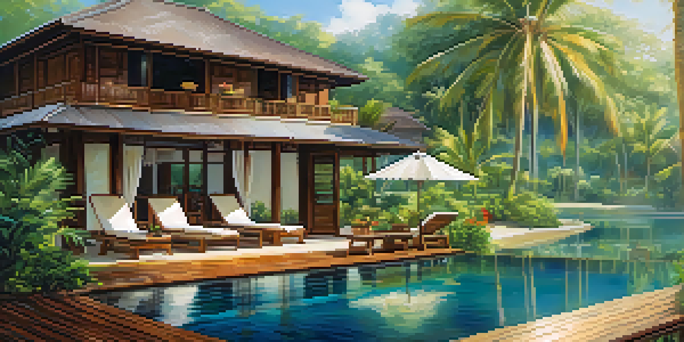 An eco-friendly resort in Thailand with traditional architecture, a serene pool, and lush greenery under a blue sky.