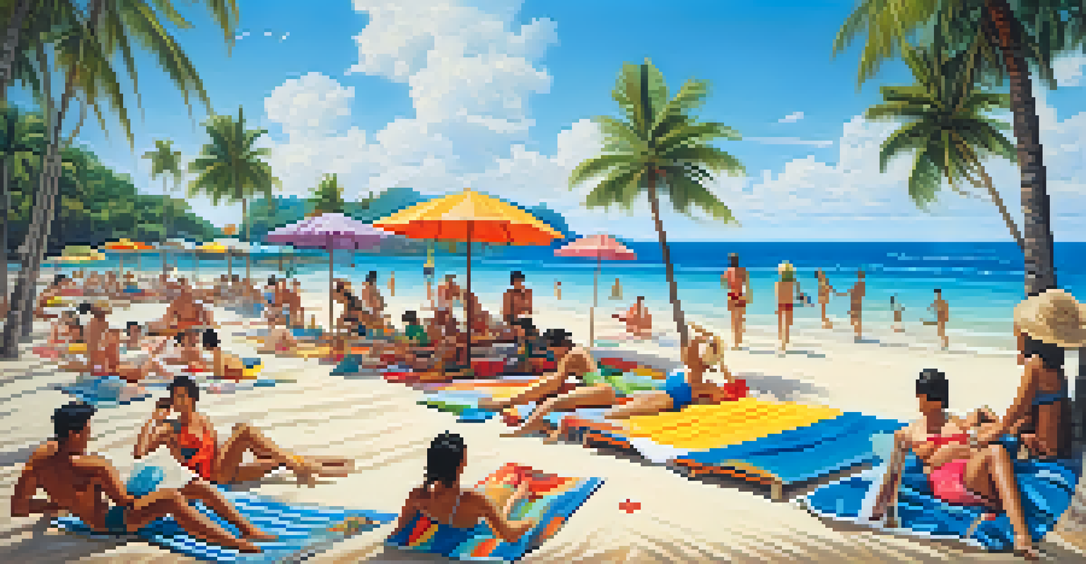 A lively beach scene in Thailand with people in colorful swimsuits enjoying the sun and water, with palm trees and a clear blue sky.