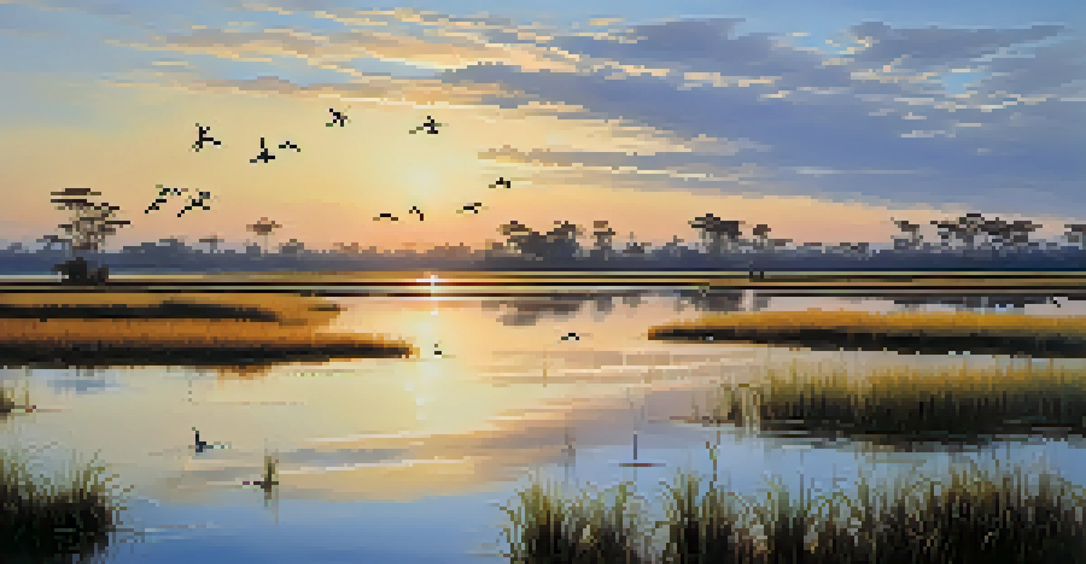A picturesque wetland scene at sunset with storks and herons wading in the shallow waters of Bung Boraphet.