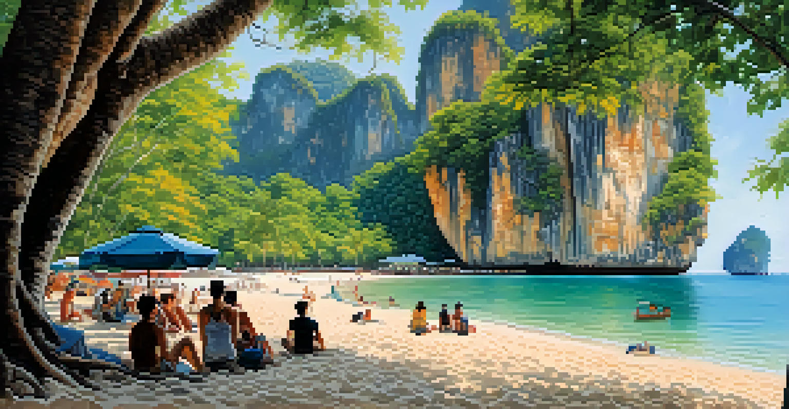 A beautiful view of Railay Beach in Krabi, featuring towering limestone cliffs, rock climbers, and relaxing beachgoers.