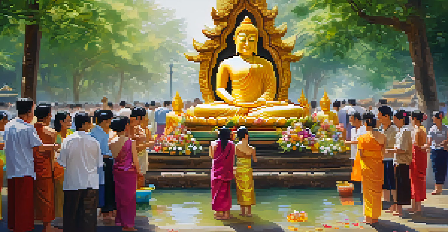 A peaceful scene of people washing a Buddha statue at a temple during the Songkran festival, surrounded by flowers and soft sunlight.