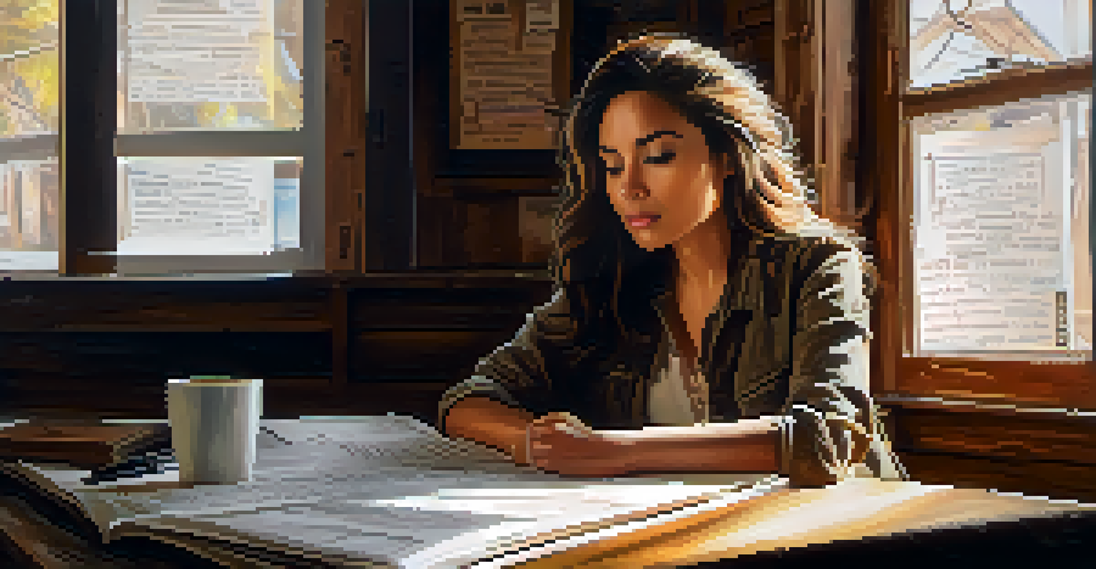 A female filmmaker sitting at a wooden table with scripts, looking thoughtful, illuminated by soft light from a window.