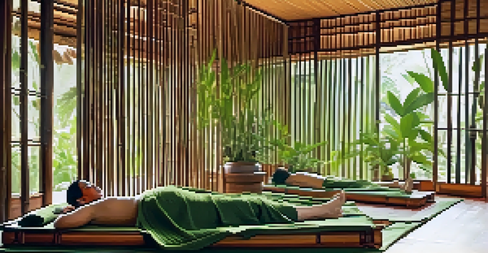 A tranquil room for Thai massage with a practitioner stretching a client's legs on a mat.
