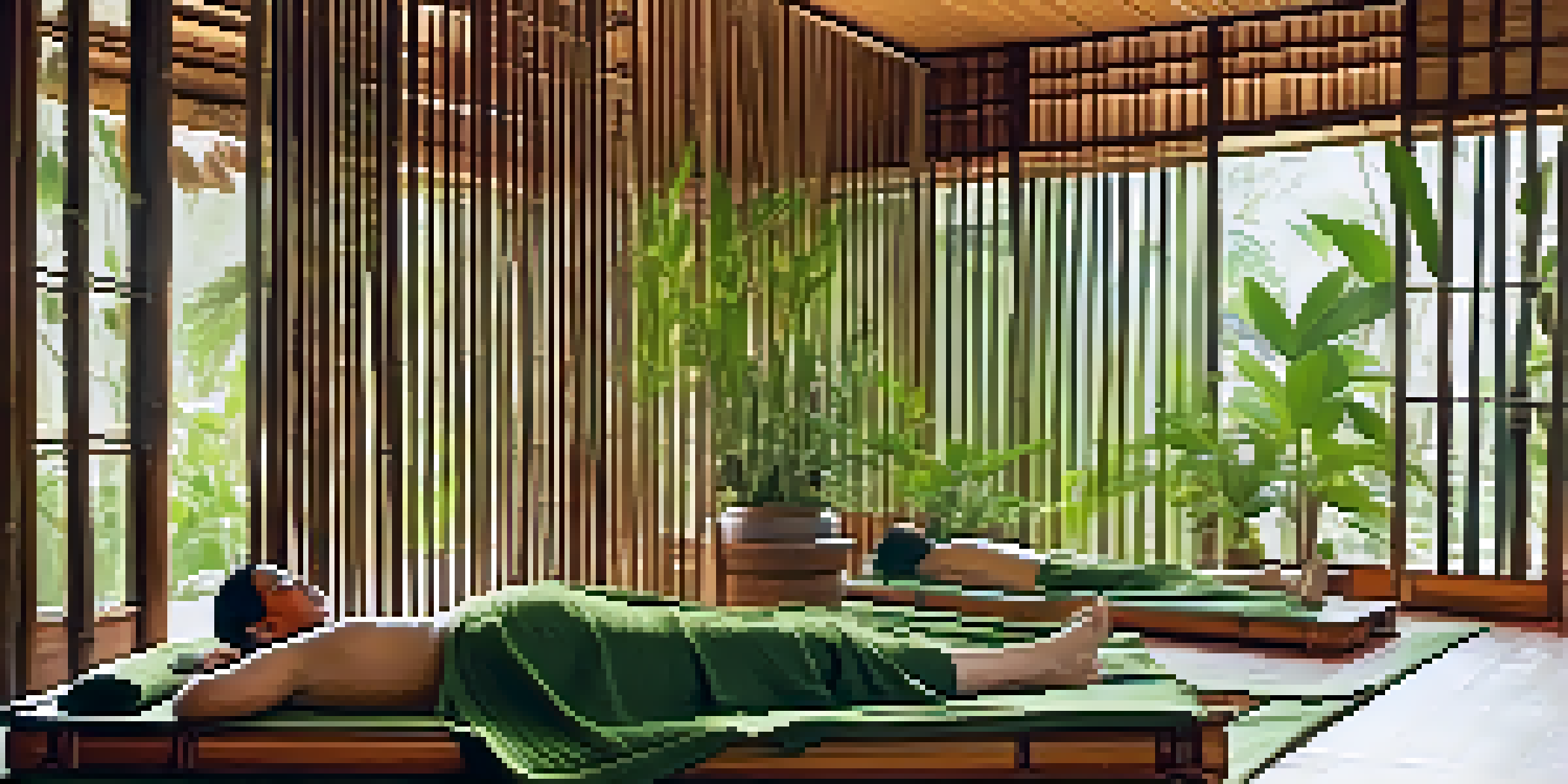 A tranquil room for Thai massage with a practitioner stretching a client's legs on a mat.
