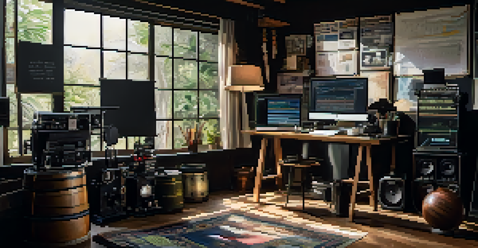 A contemporary filmmaker's workspace filled with equipment and Thai cultural artifacts, illuminated by natural light.