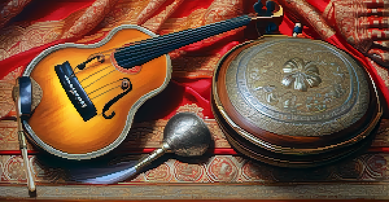 Close-up of traditional Thai musical instruments arranged on silk fabric, showcasing their craftsmanship and cultural significance.