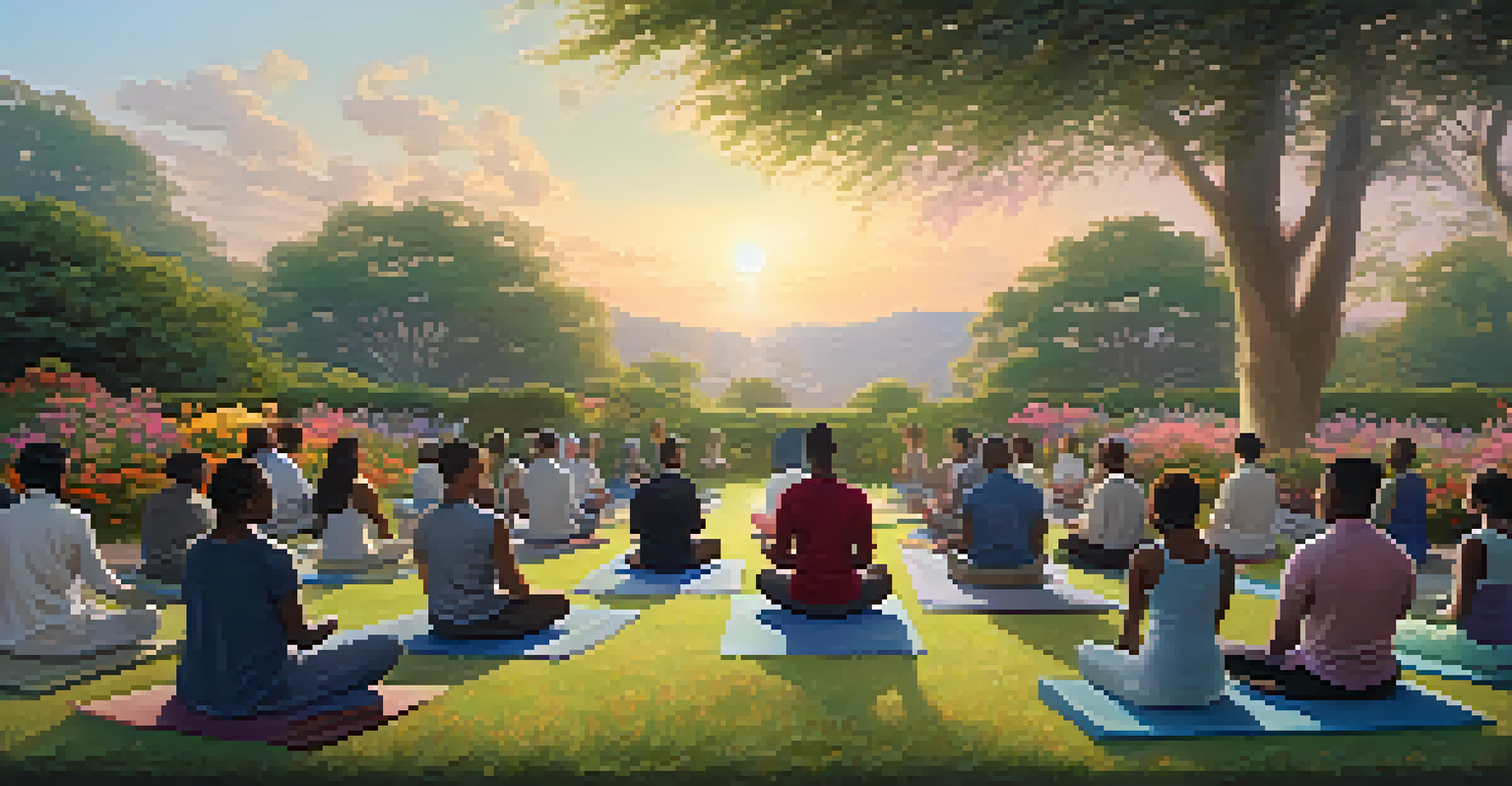 A diverse group of people meditating together in a beautiful garden.