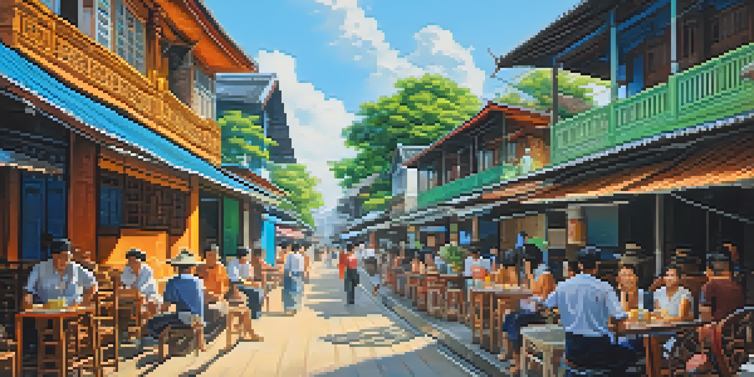 A lively street in Rattanakosin Island with traditional wooden houses, cafes, and colorful murals, bustling with people and greenery under a bright sky.
