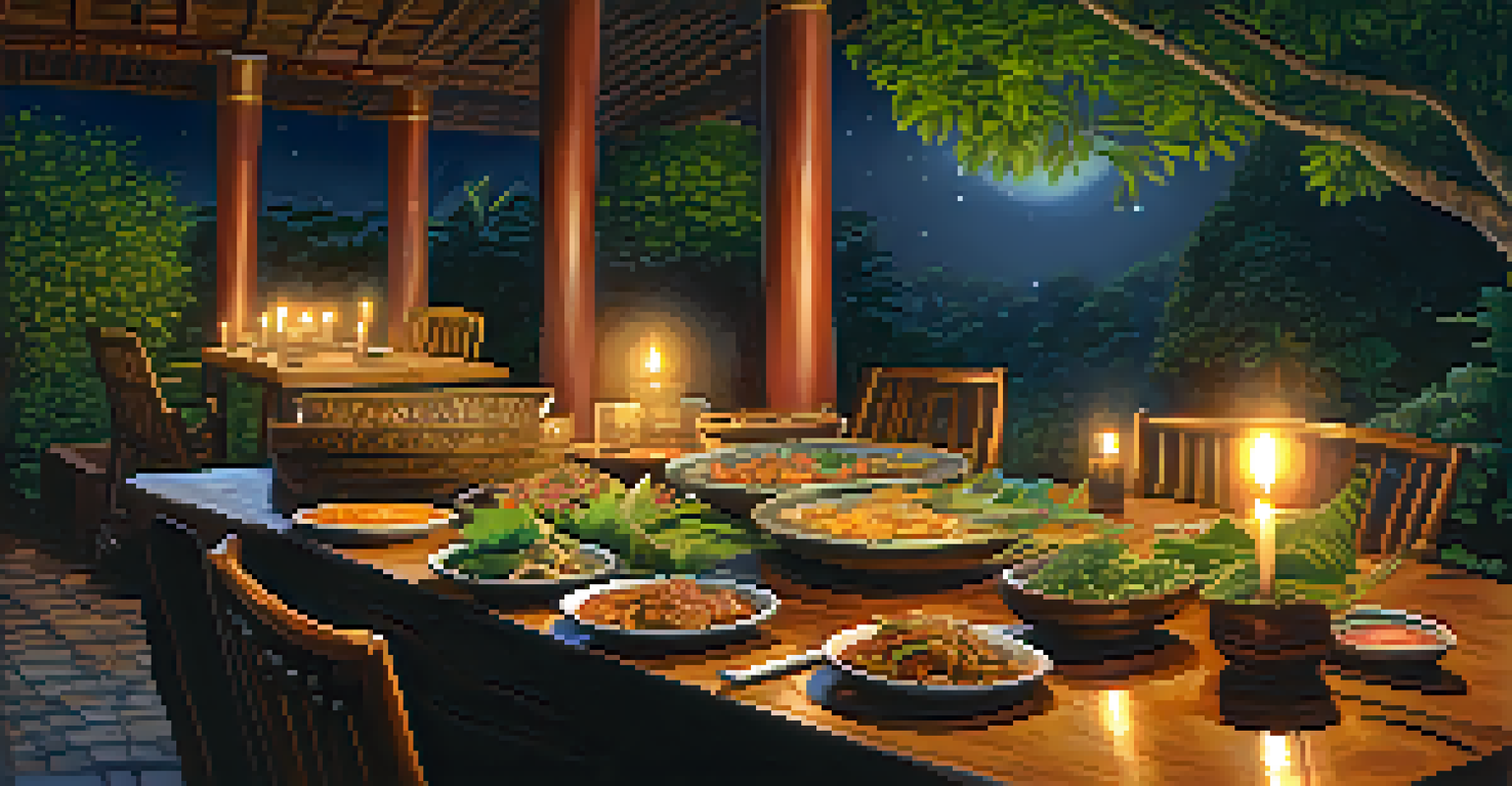 A cozy outdoor dining setting in Chiang Mai with Thai food, candles, and temple ruins in the background.