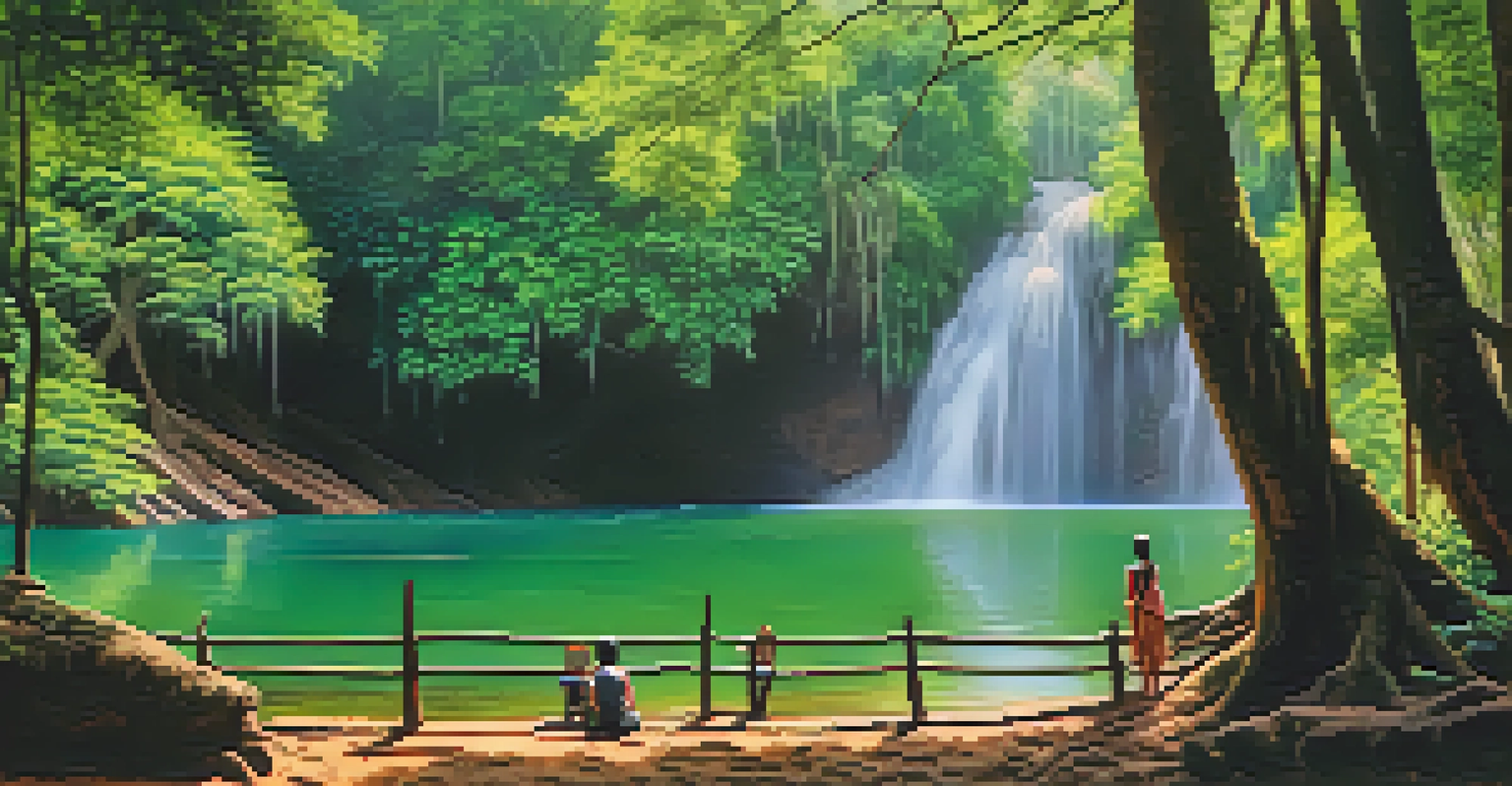 A peaceful view of Huay Mae Khamin Waterfall with locals having a picnic amidst lush greenery.