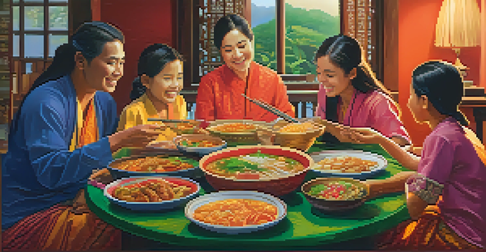 A Thai family enjoying a meal together at a wooden table, with colorful dishes and warm lighting.