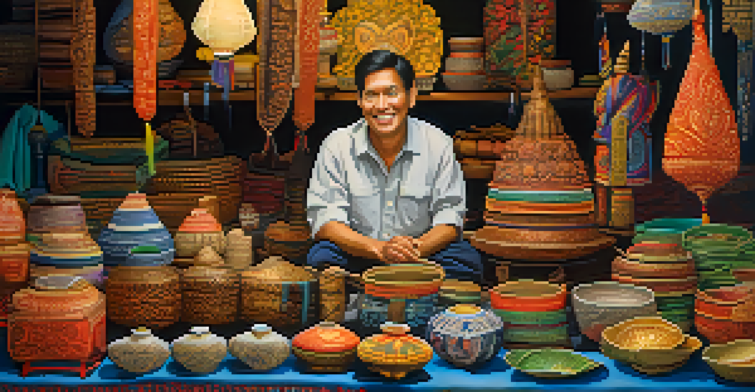 A close-up view of a vendor's stall at a Thai night market displaying colorful handicrafts and the vendor interacting with a customer.