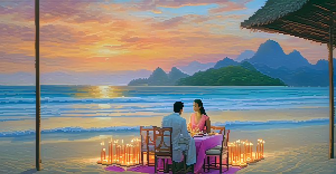 A romantic beach dinner setting with a couple enjoying their meal as the sun sets, surrounded by candles and beautiful dishes.