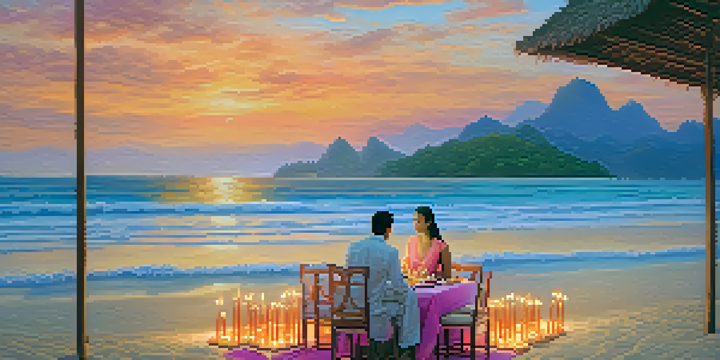 A romantic beach dinner setting with a couple enjoying their meal as the sun sets, surrounded by candles and beautiful dishes.
