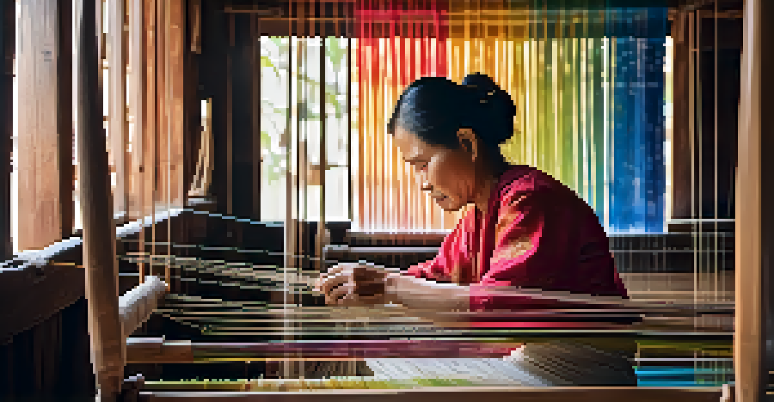An artisan weaving traditional Thai silk fabric on a loom, with colorful threads and natural light illuminating the scene.
