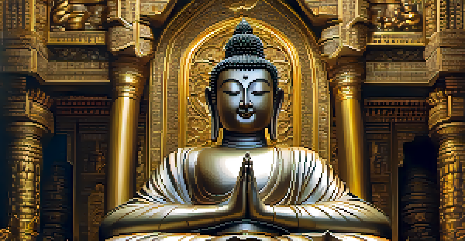 A close-up of a detailed Buddha statue with gold leaf and intricate hand gestures, set against ornate temple decorations in soft light.