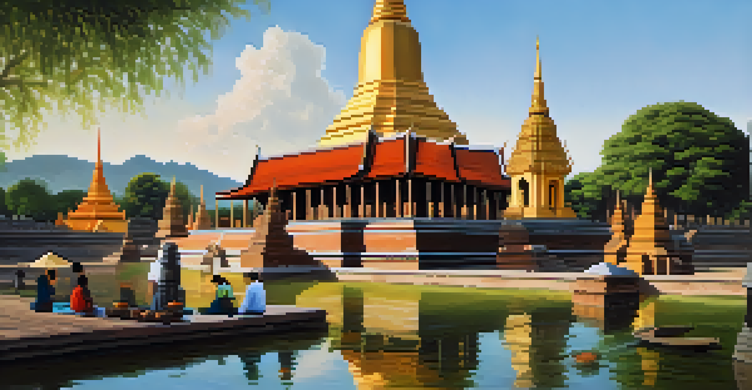 A view of Chiang Mai’s Old City with the Wat Phra Singh temple, showcasing local artisans and visitors in a warm afternoon light.