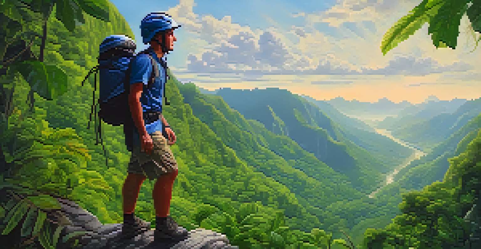 A hiker in safety gear standing on a cliff edge, overlooking a green valley in a jungle.