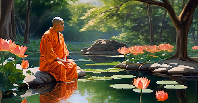 A monk in orange robes meditating by a peaceful lotus pond with blooming flowers and green foliage.